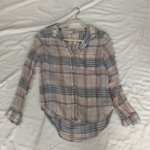 Pink and blue linen plaid shirt